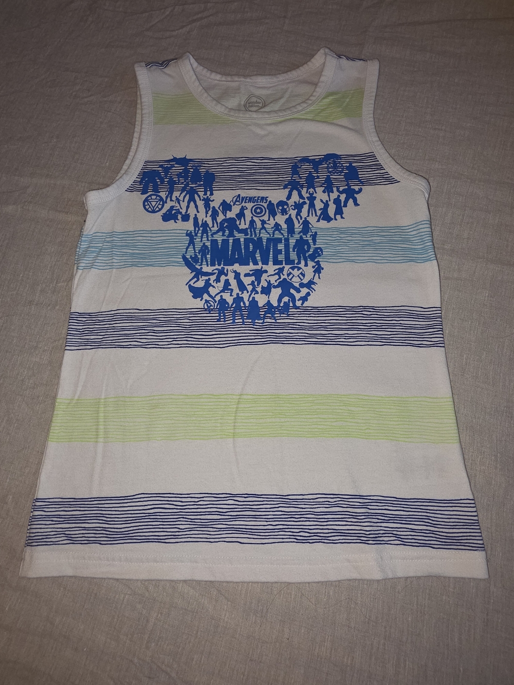 wonder nation White Tank Top with Blue and Lime Stripes Marvel Graphic - Picture 1 of 6
